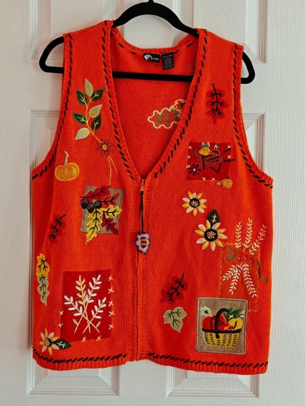 HOLIDAY EDITIONS Fall Autumn Sweater Vest Women's XL Orange Floral Zip Front